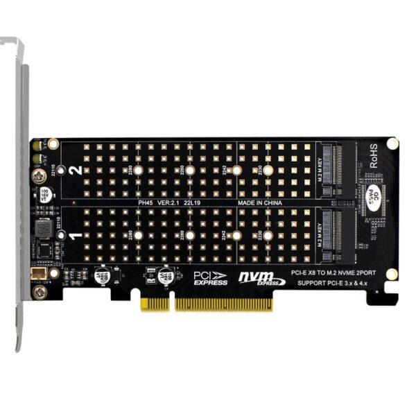 NasBoost CP2M PCIe to M.2 NVMe x 2 Ports expansion card angled view showing dual M.2 slots