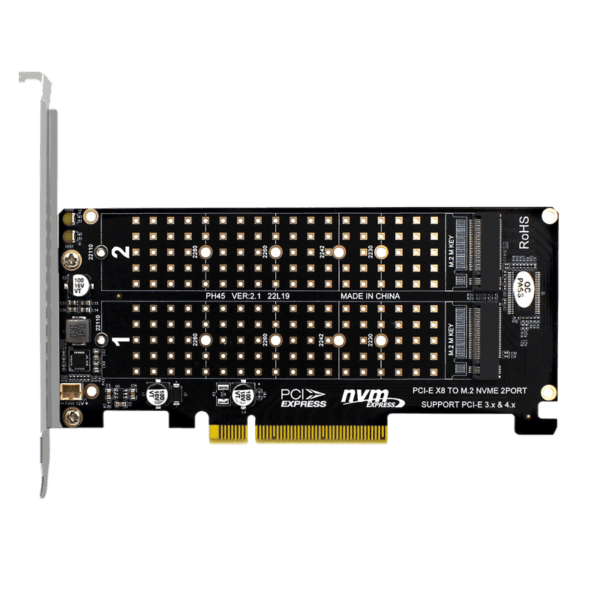 NasBoost CP2M PCIe to M.2 NVMe x 2 Ports expansion card angled view showing dual M.2 slots