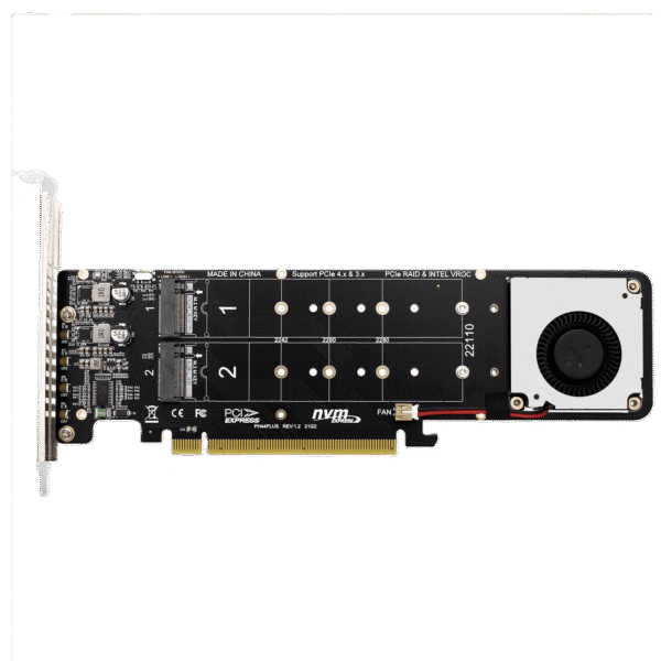 NasBoost CP4M-P PCIe to M.2 NVMe x 4 Ports double-sided bifurcation card main view with active cooling fan