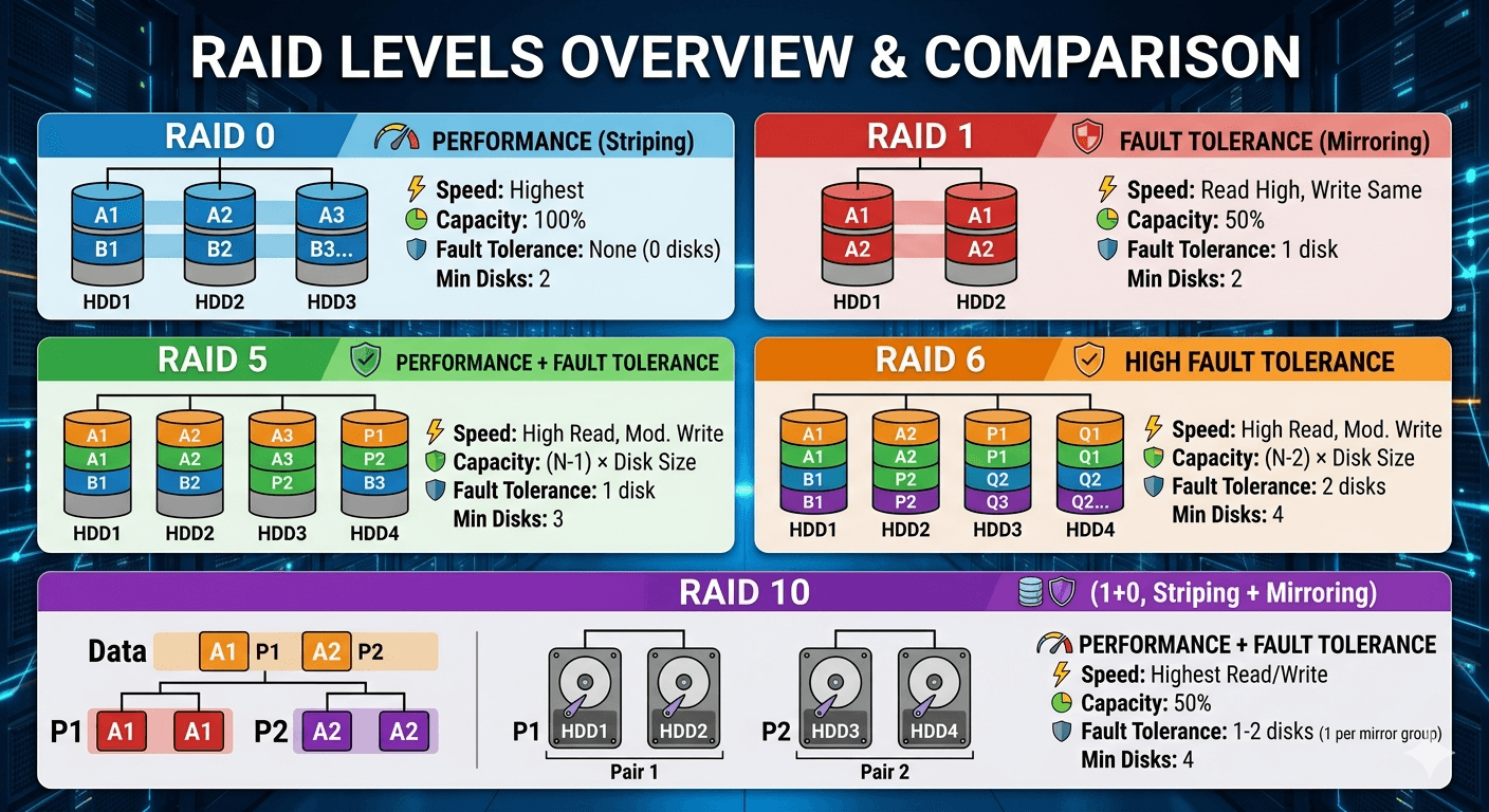 NAS RAID types comparison guide including RAID 0, 1, 5, 6, and 10